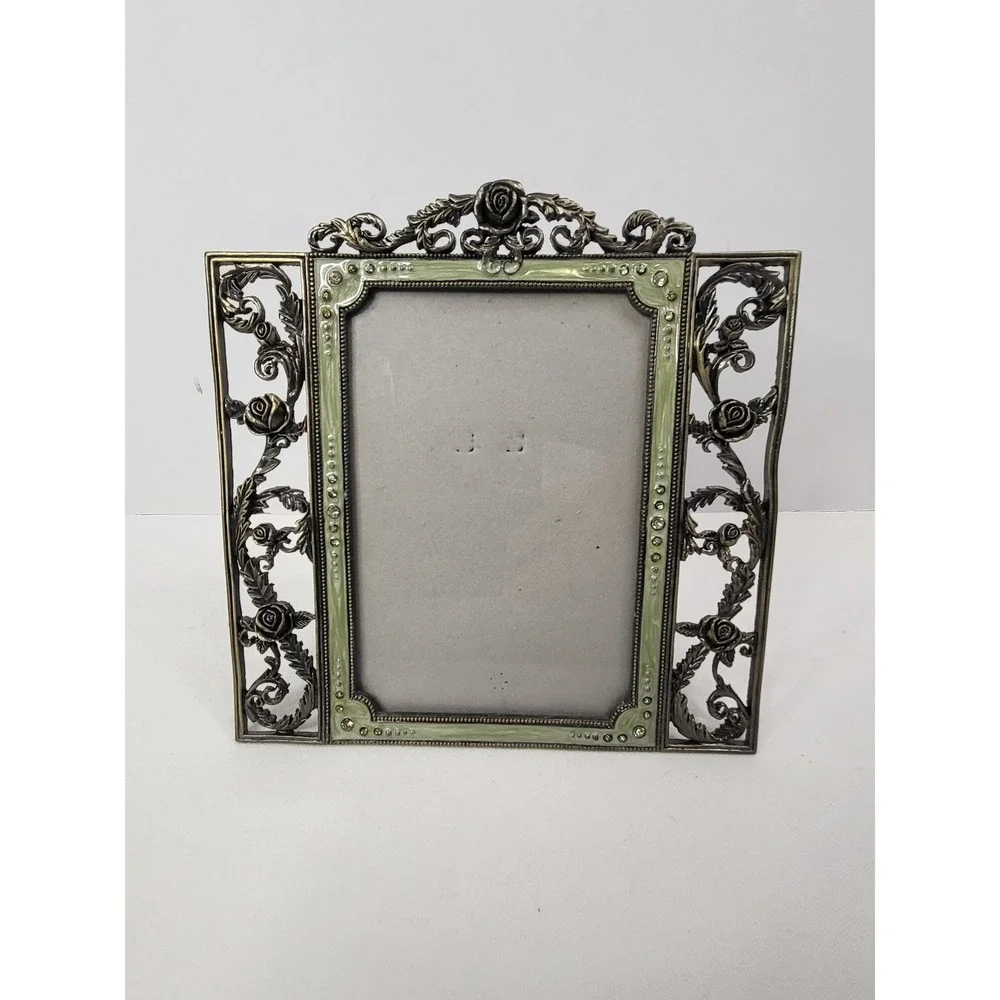 Vintage Style Bronze Rose Enamel Rhinestone Ornate Photo Frame 4x6 Sage Green
